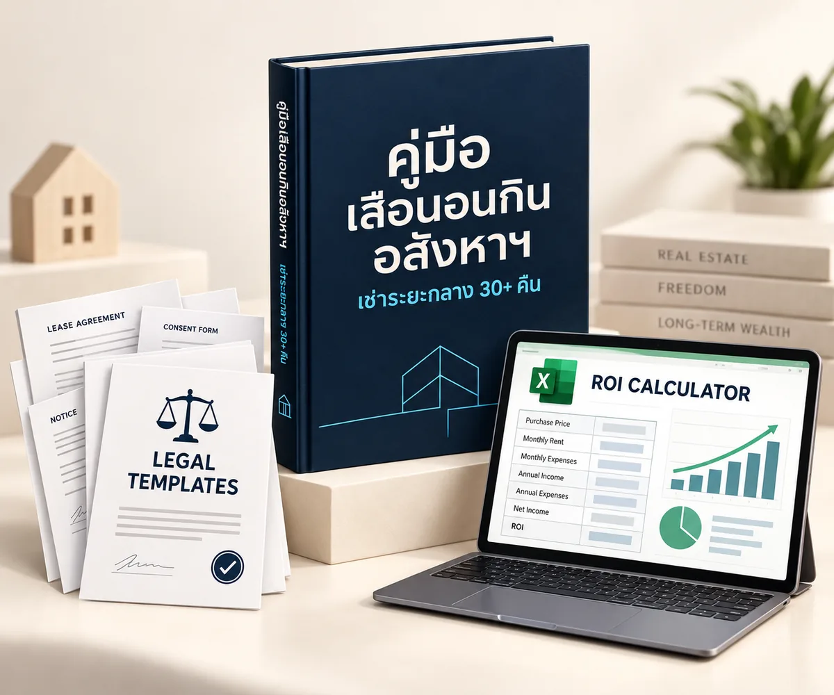 ชุด Legal & Execution Pack ประกอบด้วย E-Book, สัญญาเช่าช่วง, หนังสือยินยอม, เช็กลิสต์ และ Excel คำนวณ ROI